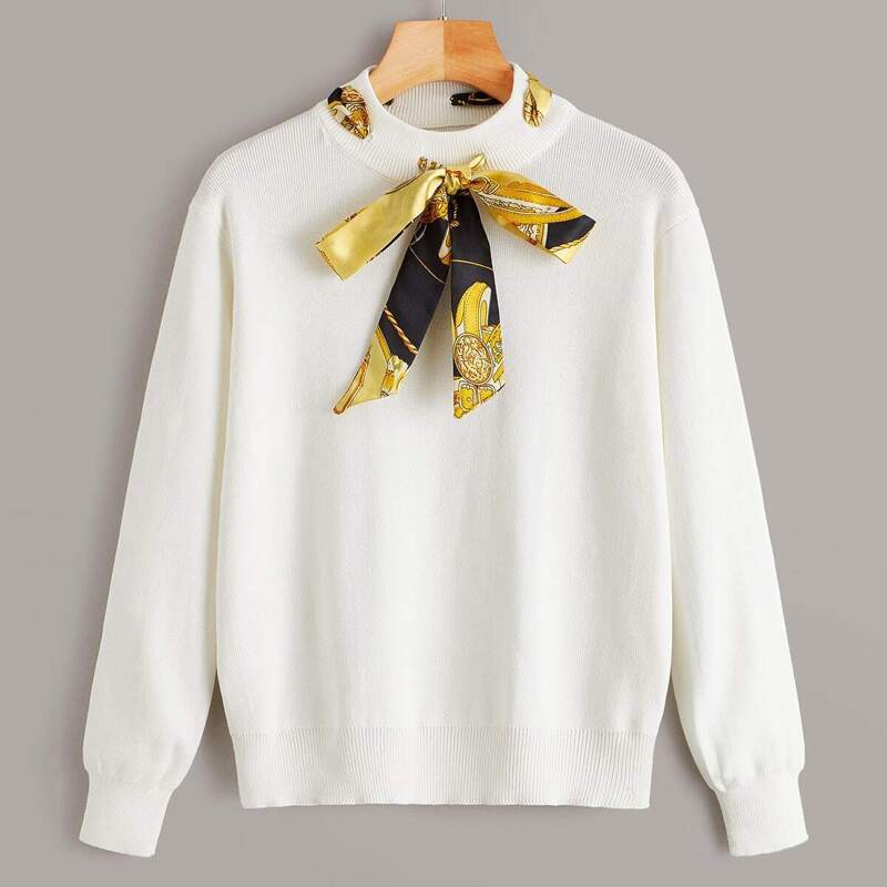 

Scarf Print Tie Front Sweater, White