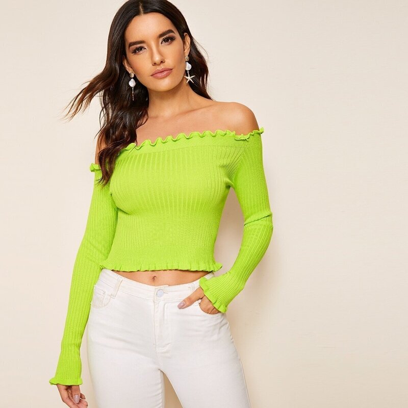 

Neon Lime Off Shoulder Lettuce Frill Sweater, Green bright