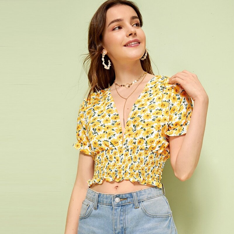 

Sunflower Print Shirred Crop Top, Multicolor