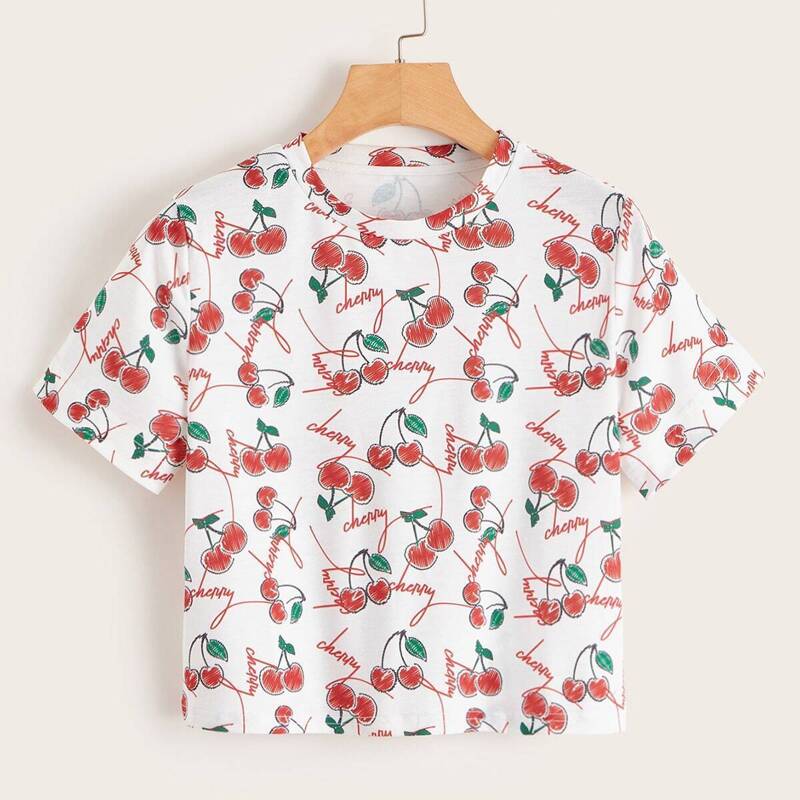 

Cherry & Letter Print Tee, Multicolor