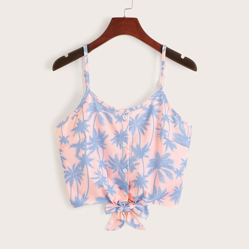 

Tropical Print Button Front Knot Hem Cami Top, Multicolor