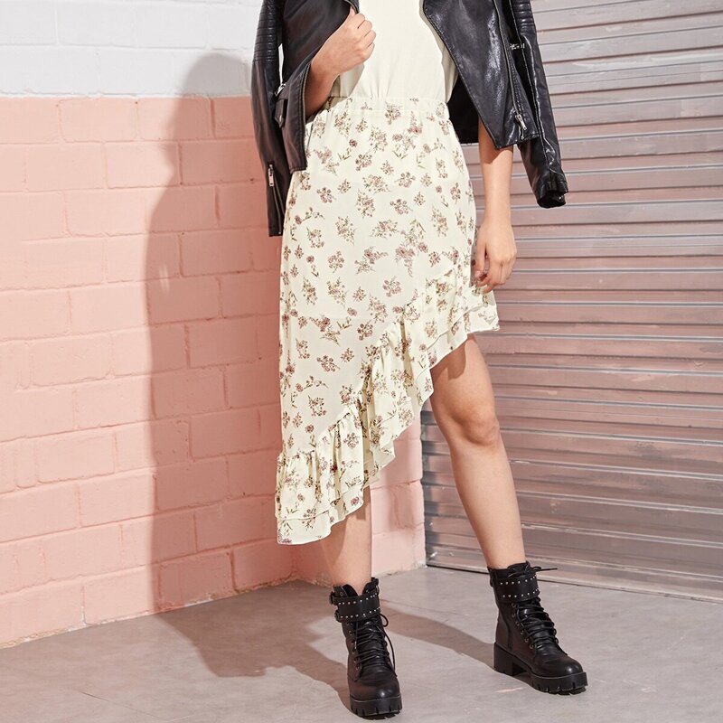 

Elastic Waist Floral Print Layer Ruffle Hem Asymmetrical Skirt, Multicolor