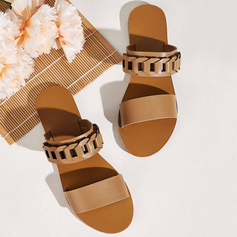 

Double Strap Open Toe Flat Sliders, Brown