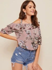 SHEIN Clasi 印花不對稱領荷葉邊折邊上衣 - 藕粉色 - 查看 4
