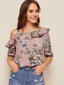 SHEIN Clasi 印花不對稱領荷葉邊折邊上衣 - 藕粉色 - 查看 1