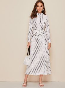 Mock Neck Polka Dot Belted Dress