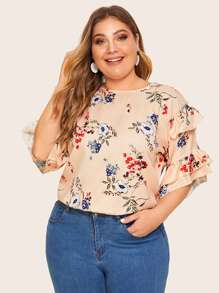 Plus Floral Print Flounce Sleeve Ruffle Trim Blouse