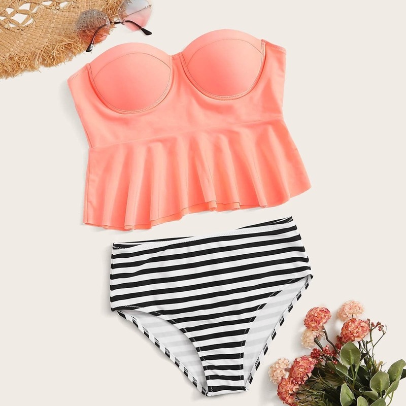 

Ruffle Underwire Top With Striped High Waist Tankini, Multicolor