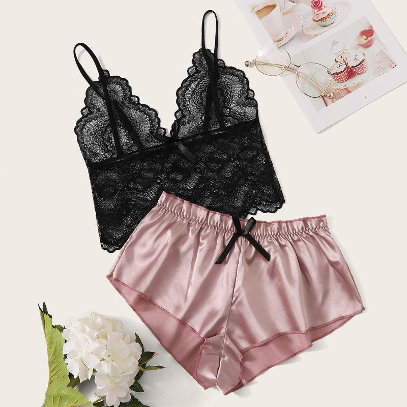 

Floral Lace Bralette With Satin Shorts, Multicolor