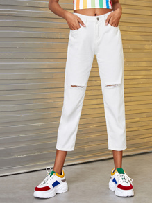 Button Waist Ripped Solid Jeans