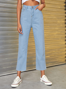 Button Waist Straight Leg Solid Jeans