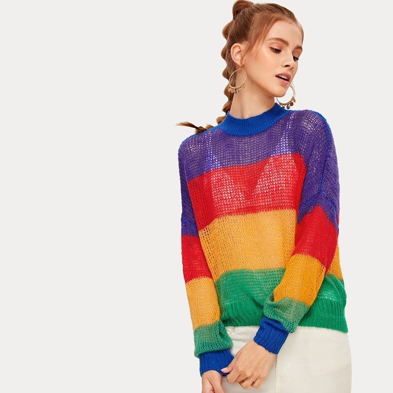 

Colorful Stripe Drap Shoulder Jumper, Multicolor