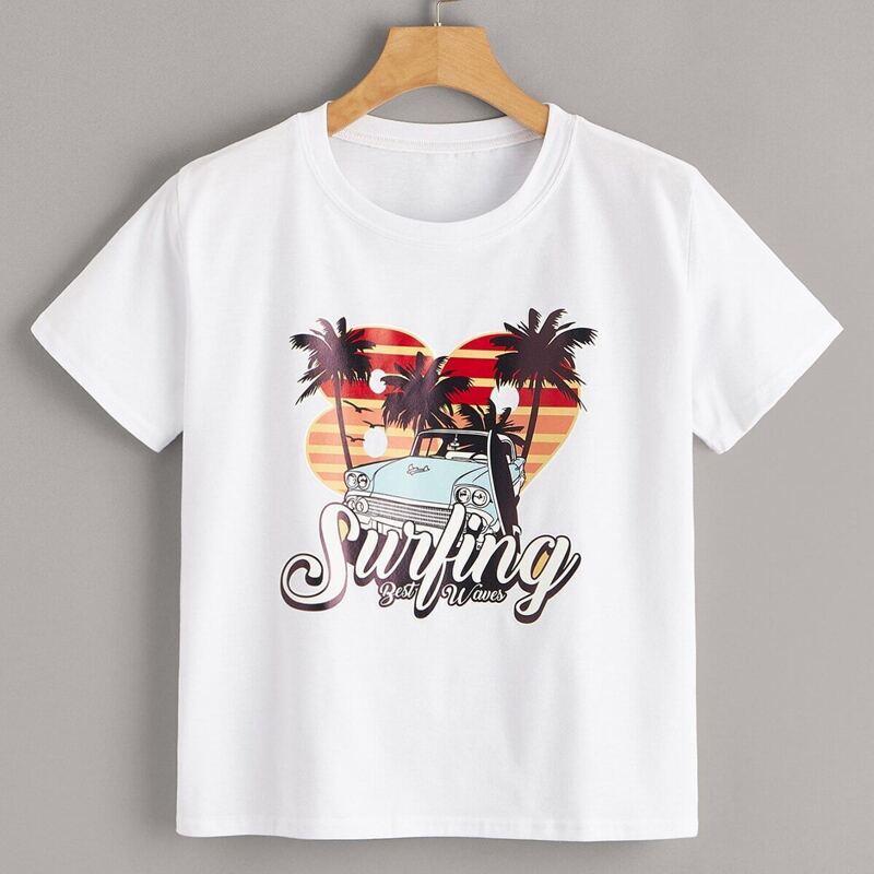 

Tropical & Letter Print Tee, White