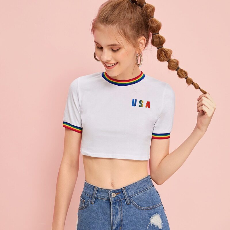 

Letter Print Rainbow Stripe Trim Crop Top, White