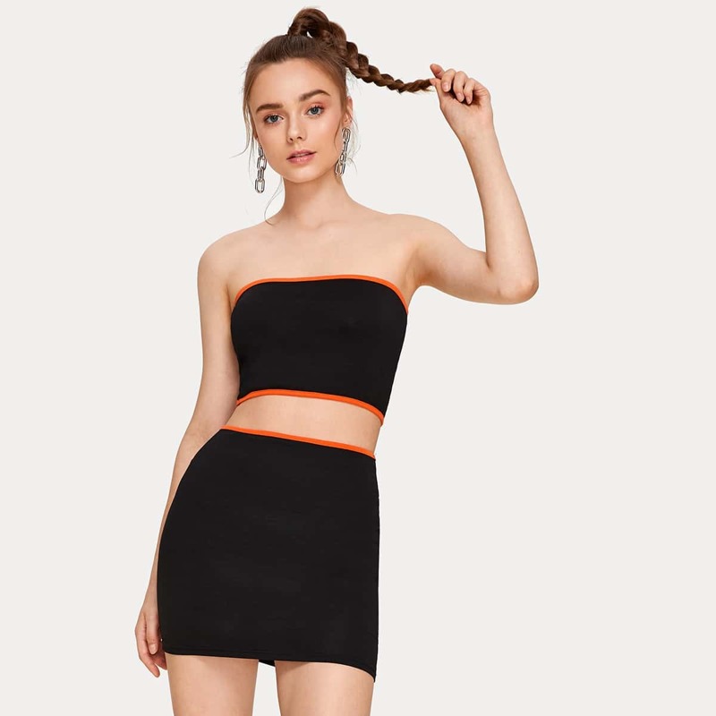 

Binding Trim Tube Top With Skirt, Black