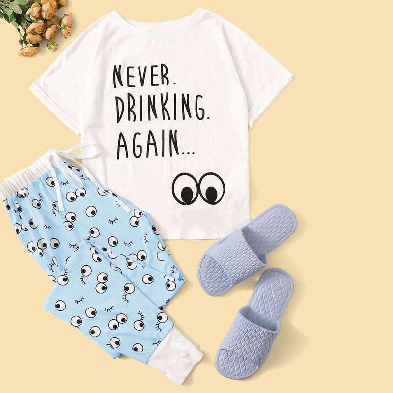 

Slogan Graphic Tee & Cartoon Pants PJ Set, Multicolor