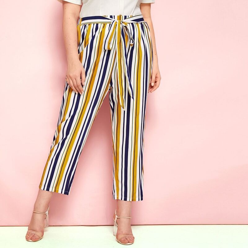 

Plus Belted Striped Carrot Pants, Multicolor