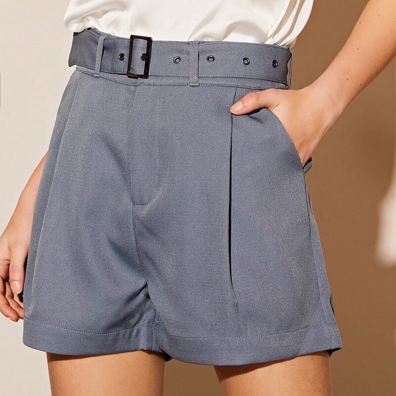 

Buckle Belted Slant Pocket Tailored Shorts, Grey