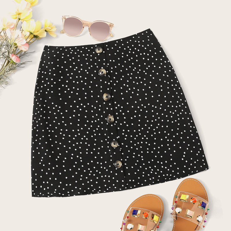 

Button Front Dot Print Skirt, Black