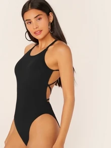 SHEIN BAE bodysuits Criss Cross màu trơn màu đen Sexy - màu đen - Xem 1