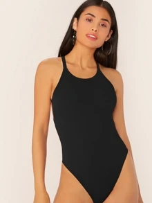 SHEIN BAE bodysuits Criss Cross màu trơn màu đen Sexy - màu đen - Xem 3