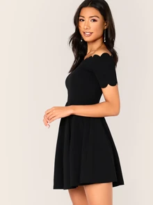 SHEIN Clasi Off Shoulder Scallop Trim Fit and Flare Dress - Black - View 3