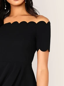 SHEIN Clasi Off Shoulder Scallop Trim Fit and Flare Dress - Black - View 4
