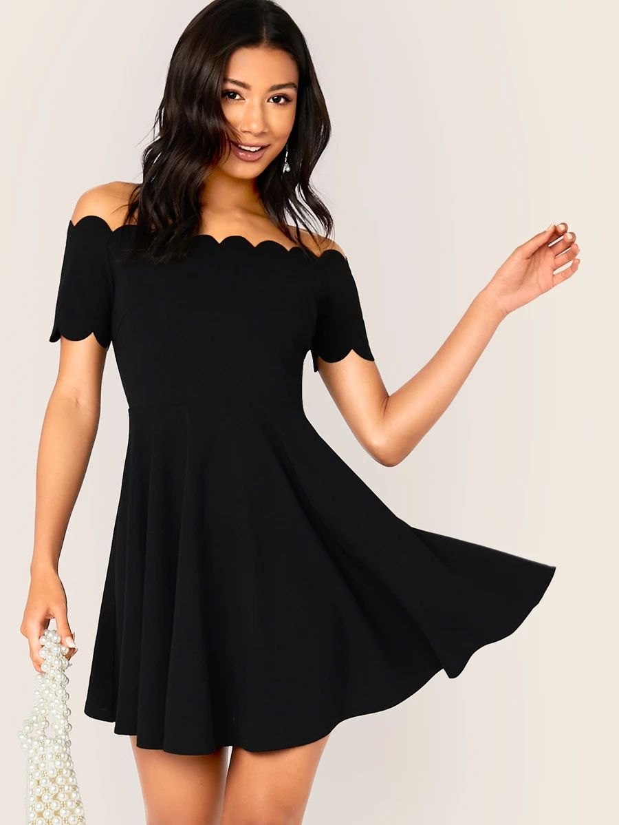 SHEIN Clasi Off Shoulder Scallop Trim Fit and Flare Dress - Black - View 1