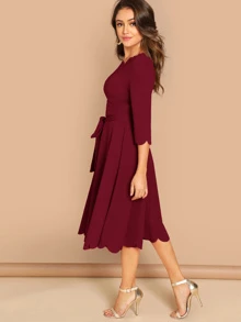 SHEIN Clasi Scallop Trim Solid Belted Dress - Burgundy - View 3