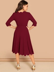 SHEIN Clasi Scallop Trim Solid Belted Dress - Burgundy - View 2