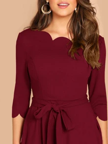 SHEIN Clasi Scallop Trim Solid Belted Dress - Burgundy - View 4