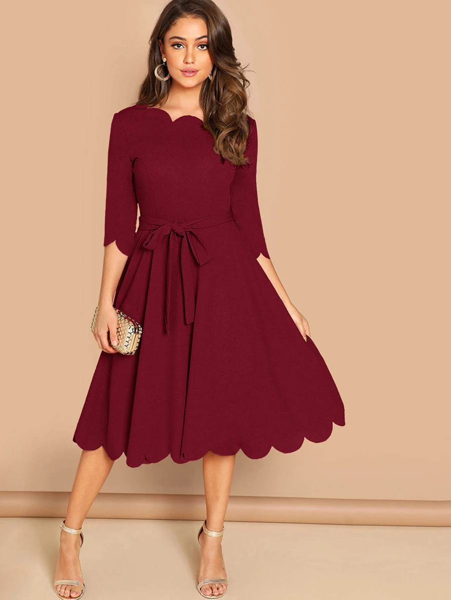 SHEIN Clasi Scallop Trim Solid Belted Dress - Burgundy - View 1
