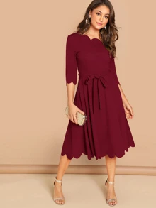 SHEIN Clasi Scallop Trim Solid Belted Dress - Burgundy - View 5