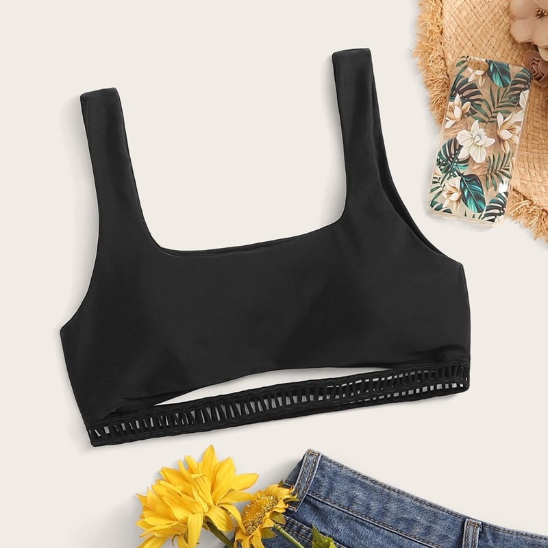 

Hollow Out Trim Swimming Top, Black