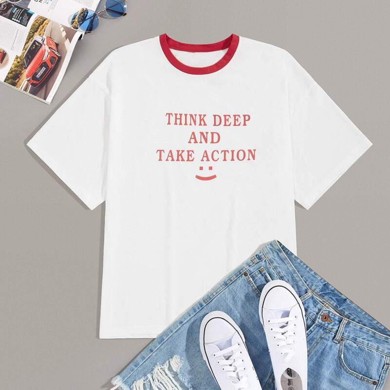 

Guys Letter Print Contrast Trim Tee, White
