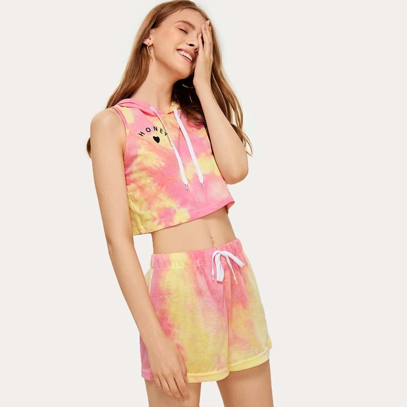 

Tie Dye Drawstring Hooded Tank Top & Shorts, Multicolor