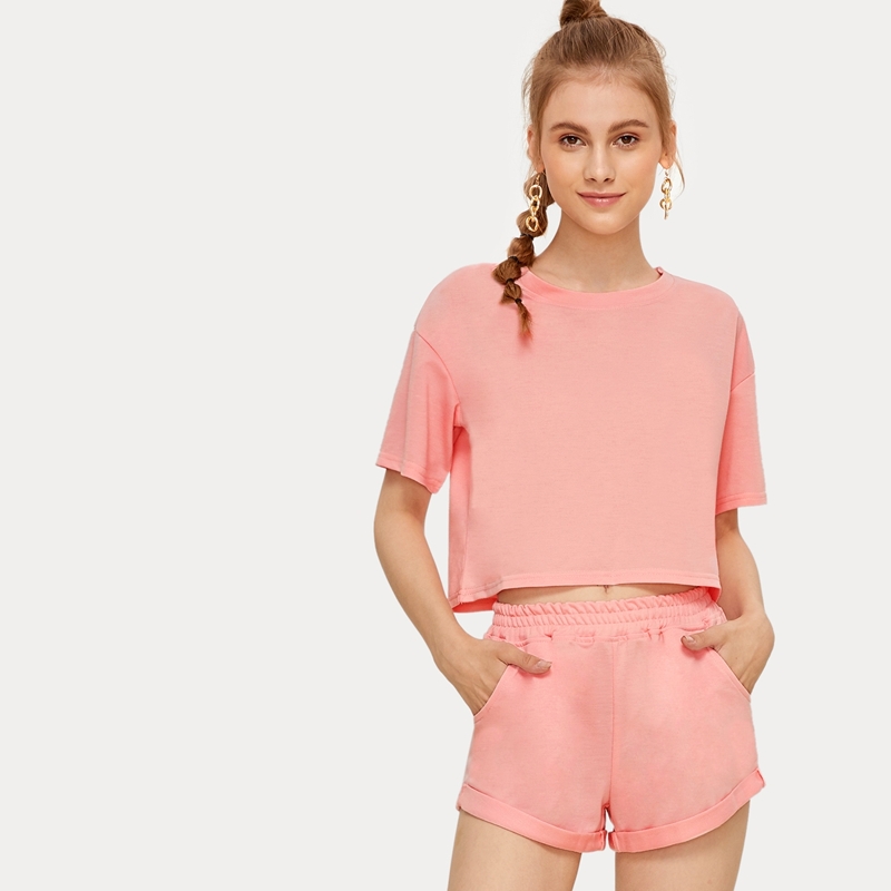 

Solid Boxy Tee & Elastic Waist Shorts, Pink
