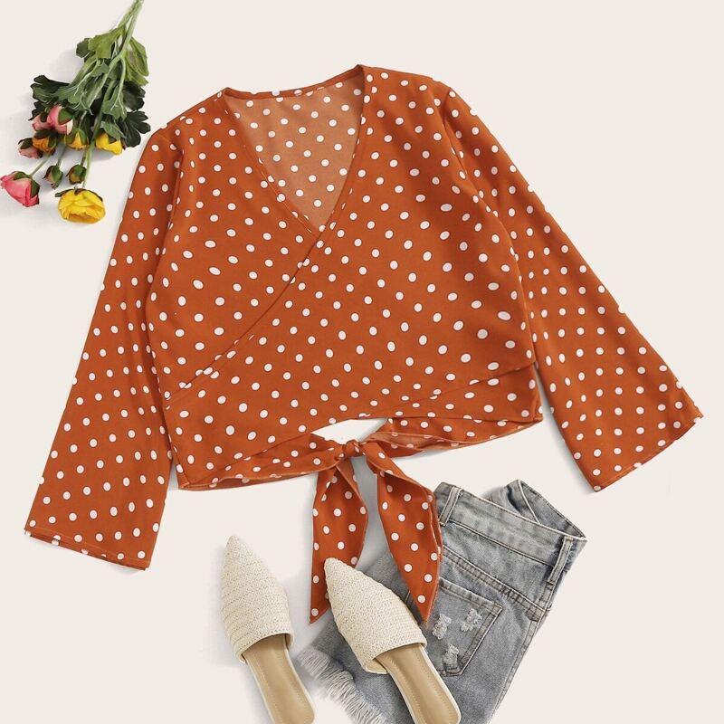 

Polka Dot Tie Back Wrap Blouse, Brown