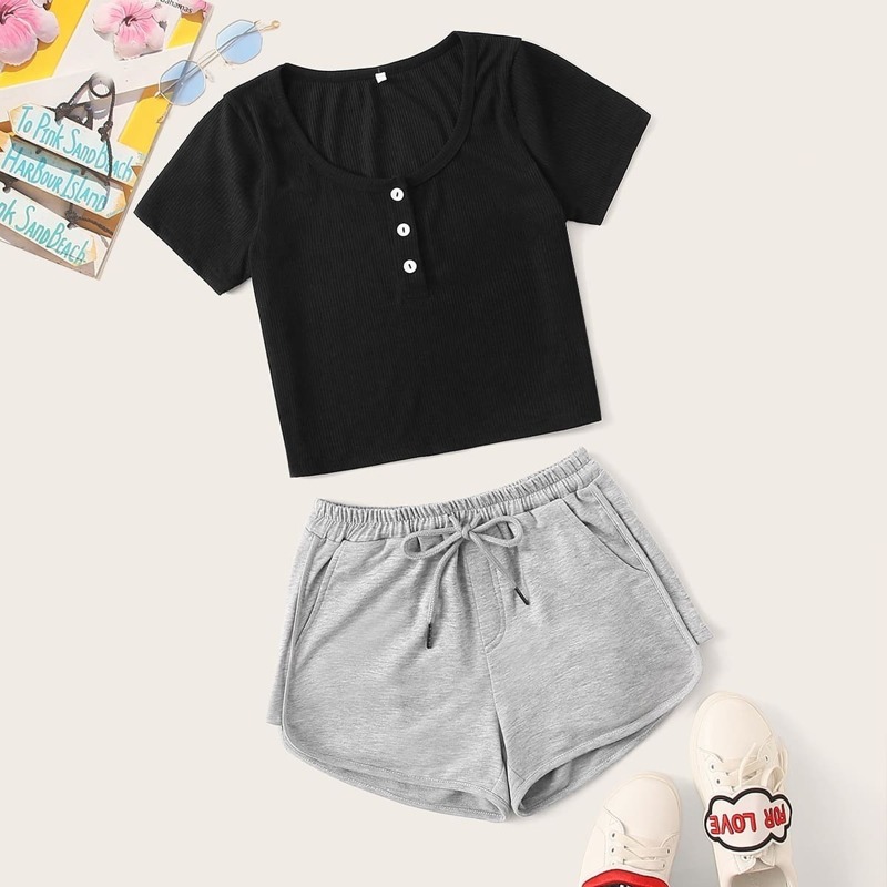 

Solid Ribbed Tee & Drawstring Waist Track Shorts, Multicolor