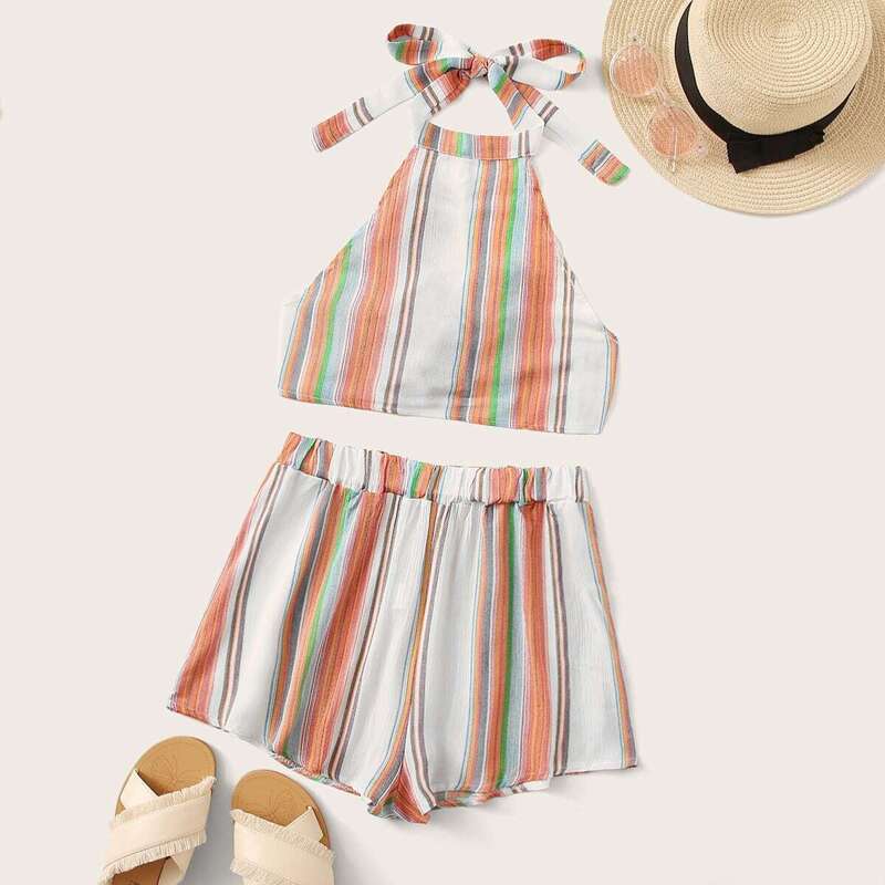 

Multi-striped Tie Back Halter Top & Shorts, Multicolor