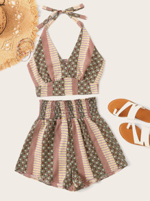 Floral And Geo Print Cami Top With Shirred Wide Leg Shorts