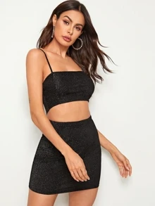 SHEIN BAE Glitter Cropped Cami Top & Mini Skirt Set - Black - View 4
