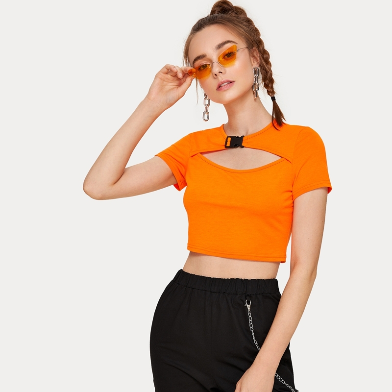

Push Buckle Cut Out Crop Top, Orange