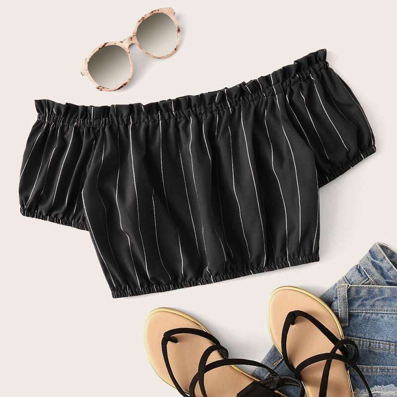 

Striped Frill Off Shoulder Top, Black