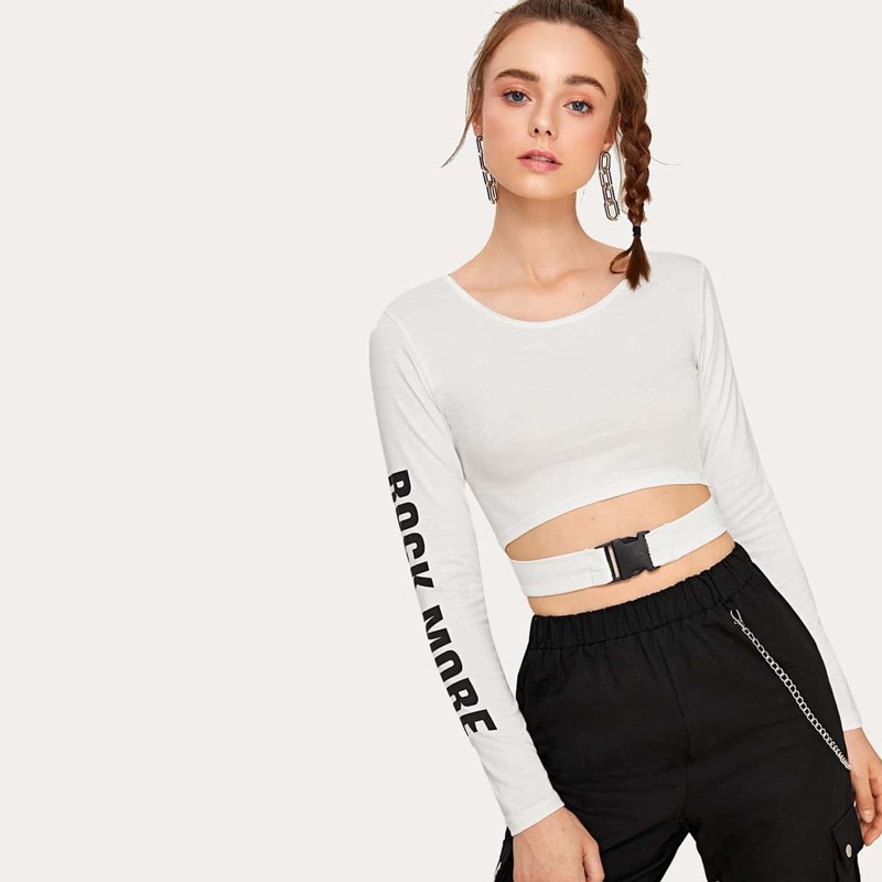 

Letter Print Push Buckle Crop Tee, White