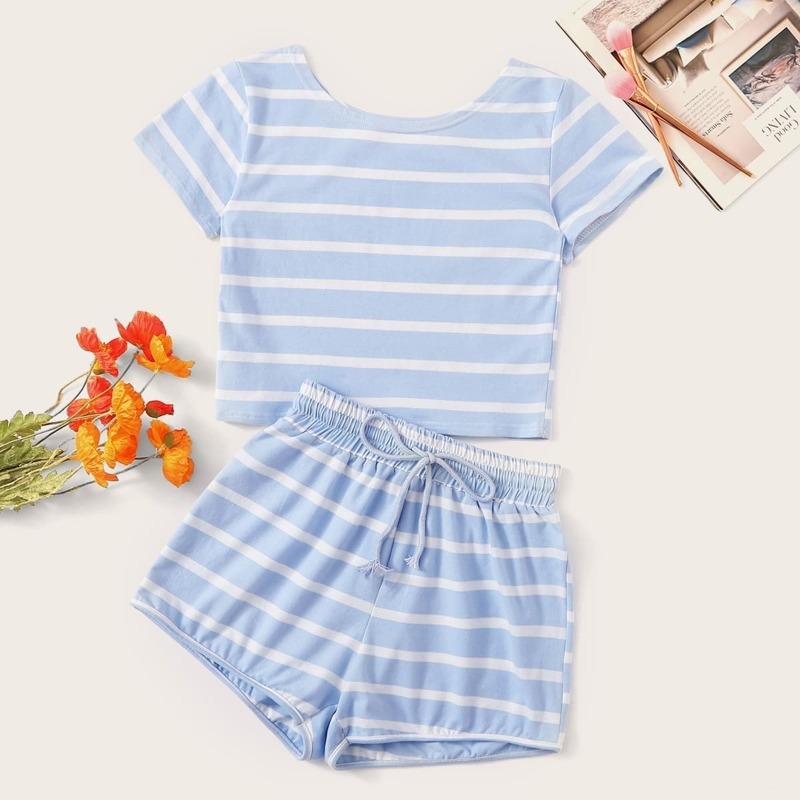 

Striped Basic Top With Drawstring Waist Shorts, Blue