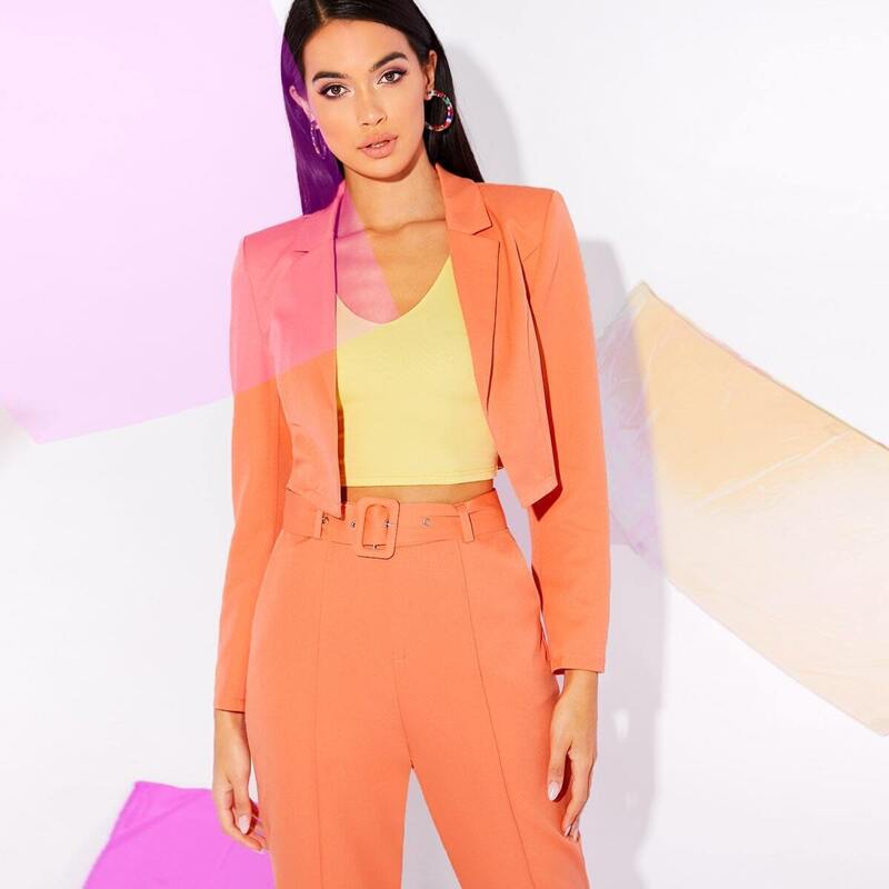 

Open Front Notched Collar Blazer, Orange