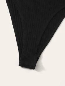 SHEIN EZwear 刺繡字母羅紋針織鑲邊連體衣 - 黑色 - 查看 4