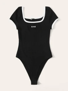 SHEIN EZwear 刺繡字母羅紋針織鑲邊連體衣 - 黑色 - 查看 5