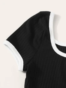 SHEIN EZwear 刺繡字母羅紋針織鑲邊連體衣 - 黑色 - 查看 3
